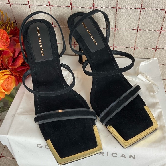 Good American Suede Strappy Heels Gold Square Toe Sz 11.5 Black Leather New - Picture 3 of 6